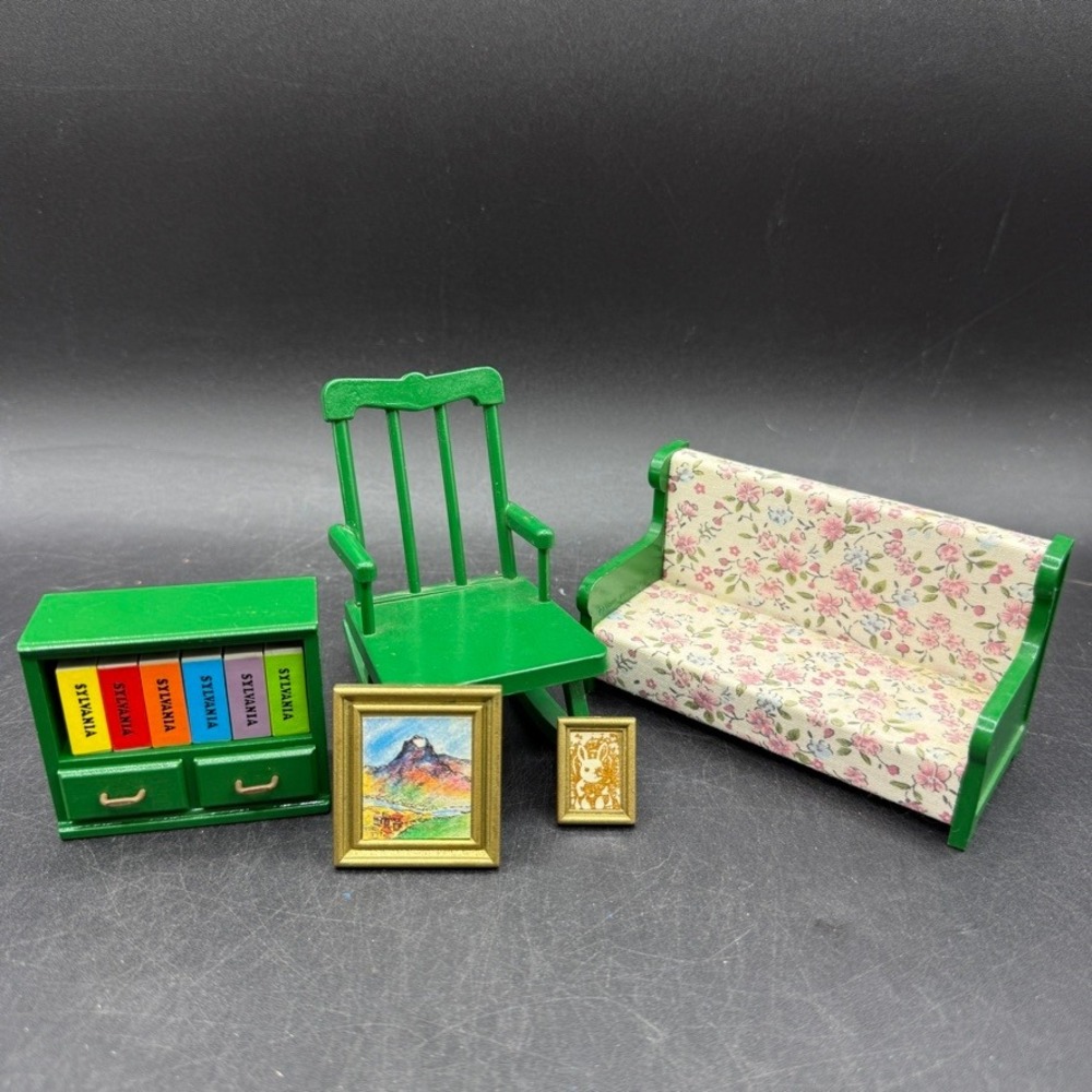 Vintage Tomy Sylvanian Families Living Room Set Green Floral Sofa Chair Toys